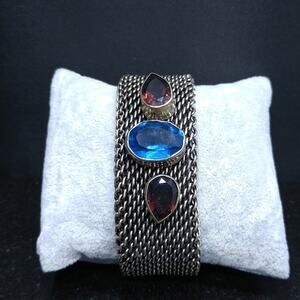 Vintage Mesh Bracelet Blue Purple Glass Stones Wide Boho 8.25in